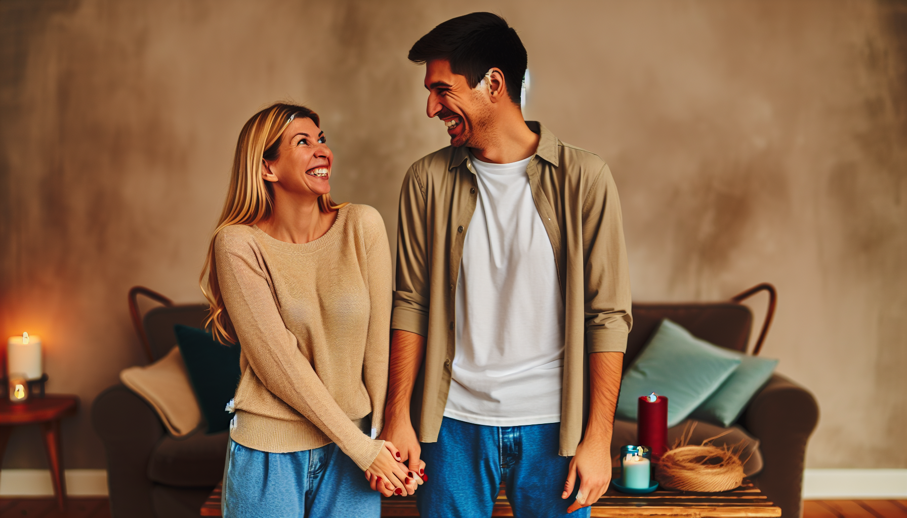 Ein Bild eines Paares, das nebeneinander steht. Sie halten H&Atilde;&curren;ndchen und lachen zusammen, umgeben von einer romantischen und gem&Atilde;&frac14;tlichen Umgebung. Ihre Augen strahlen vor Freude und Intimit&Atilde;&curren;t und zeigen gemeinsame gl&Atilde;&frac14;ckliche Momente. Sie sind in l&Atilde;&curren;ssiger, bequemer Kleidung gekleidet, die f&Atilde;&frac14;r eine entspannte Innenraumatmosph&Atilde;&curren;re geeignet ist. Der Hintergrund ist ein sanft, warm gef&Atilde;&curren;rbter Raum, ausgestattet mit einem bequemen Sofa, einem rustikalen Couchtisch und einer Vielzahl von Zimmerpflanzen.