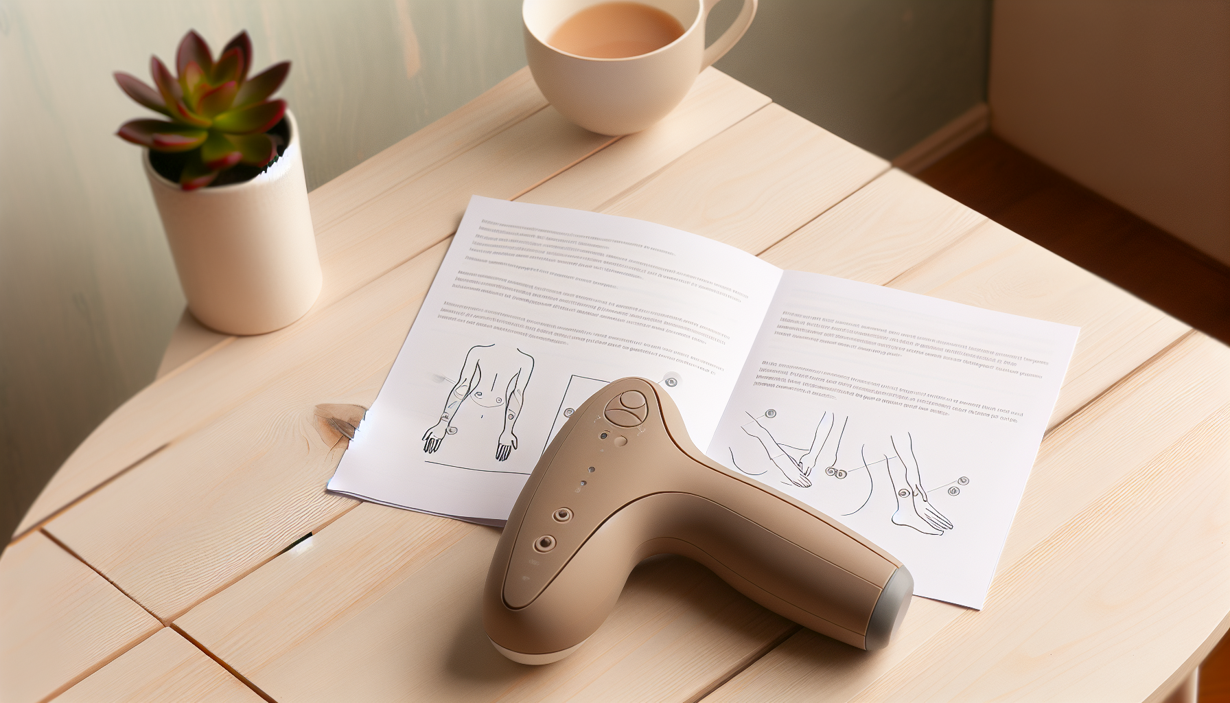 Ein Bild, das die Verwendung eines pers&Atilde;&para;nlichen Massagers demonstriert. Stellen Sie es sich in neutralen T&Atilde;&para;nen vor, auf einem hellen Holztisch. Der pers&Atilde;&para;nliche Massager wirkt schlank und modern mit sanften Linien. Daneben liegt ein Handbuch, das auf einer Seite mit Diagrammen und Schritten ge&Atilde;&para;ffnet ist, wie man das Ger&Atilde;&curren;t zur Entspannung von Muskelverspannungen verwendet. Die gesamte Stimmung der Szene ist ruhig und gelassen und vermittelt ein Gef&Atilde;&frac14;hl von Wohlbefinden und Selbstpflege. Eine kleine Zimmerpflanze und eine Tasse Kr&Atilde;&curren;utertee stehen in der N&Atilde;&curren;he und tragen zur beruhigenden Atmosph&Atilde;&curren;re bei.