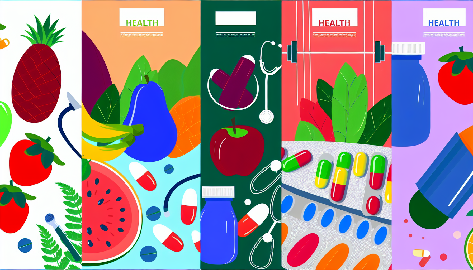 Stellen Sie sich ein gesundheitsbezogenes Bild vor, das eine lebendige Farbpalette umfasst und Elemente wie Fr&Atilde;&frac14;chte, Gem&Atilde;&frac14;se, Fitnessger&Atilde;&curren;te und Medizinpillchen zeigt. Das Bild sollte Wellness, einen frischen Lebensstil und Positivit&Atilde;&curren;t inspirieren. Betonen Sie den Reichtum an Gesundheit durch satte, lebendige Farben.