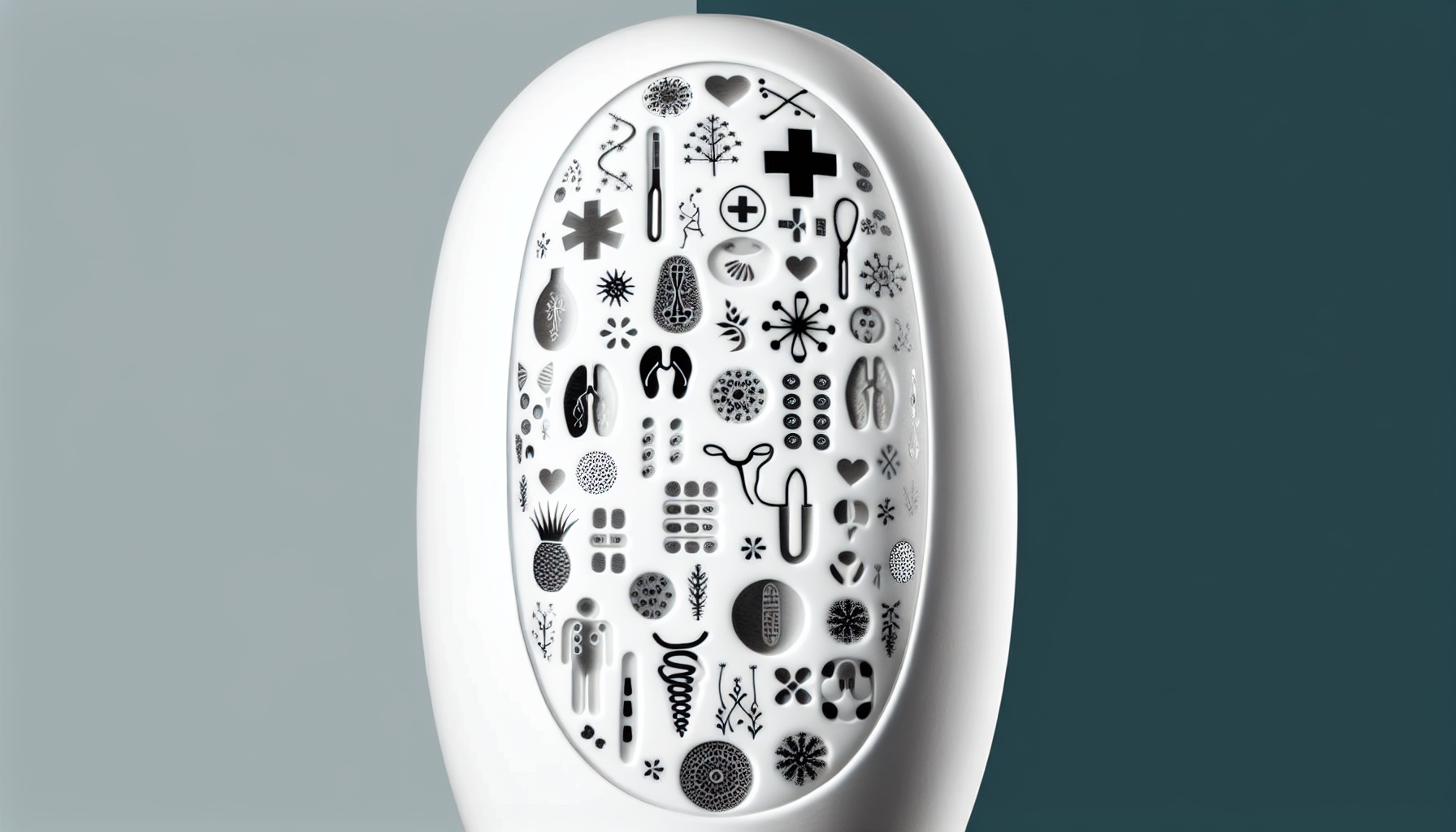 Eine Darstellung von gesundheitsbezogener Kunst in Form eines Vibrators. Der Vibrator besteht aus sauberem und gl&Atilde;&curren;nzendem Keramik, die sowohl &Atilde;&curren;sthetisch als auch funktional wirkt. Er hat einen makellosen wei&Atilde;Ÿen Farbton, der mit kleinen, detaillierten gesundheitsbezogenen Symbolen und Motiven wie medizinischen Kreuzen, menschlicher Anatomie und botanischen Heilmitteln bedeckt ist. Die Kunst vermittelt Assoziationen von Wohlbefinden, Gesundheit und Selbstpflege.