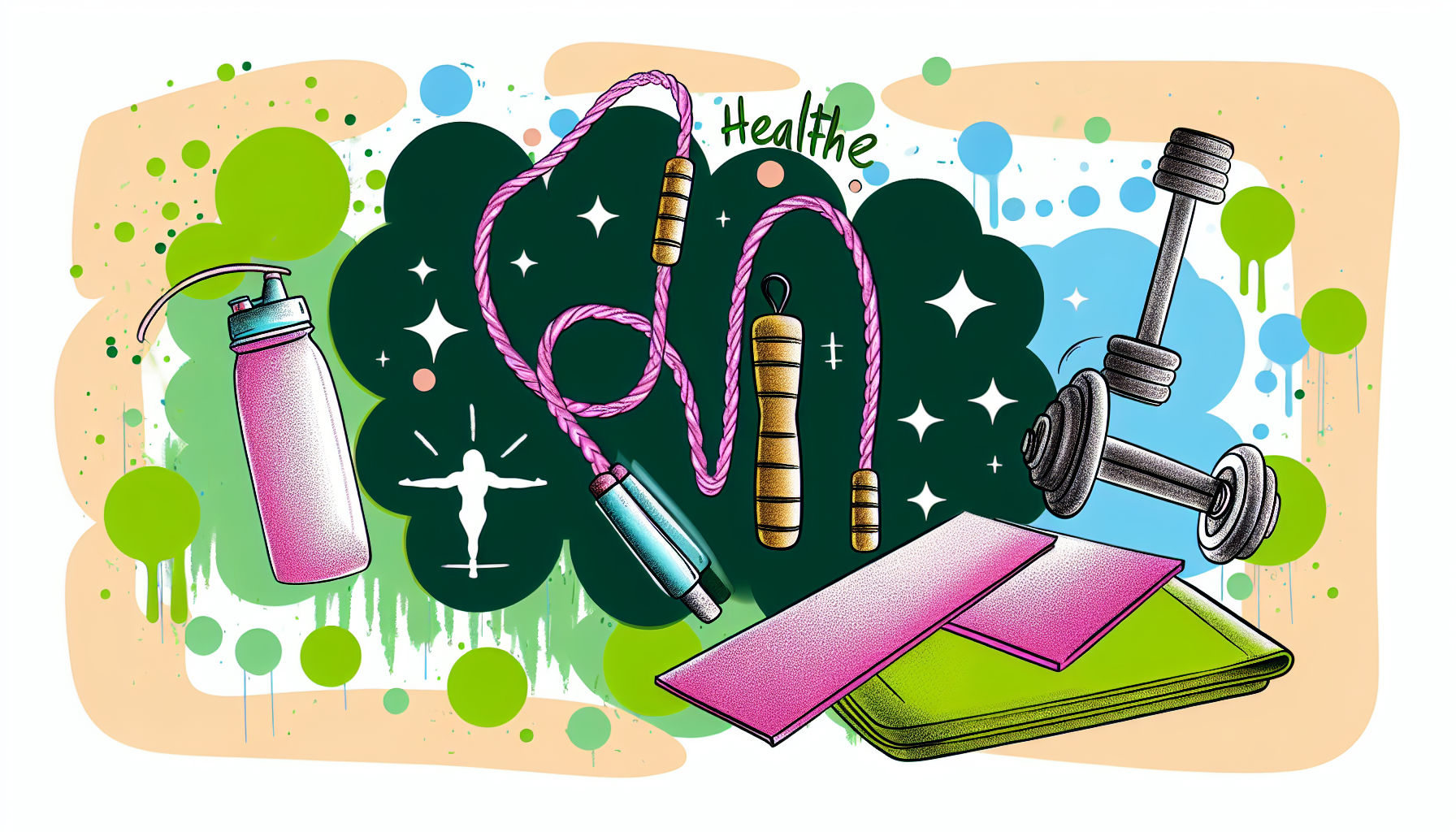 Eine Illustration eines gesundheitsorientierten Lebensstils. Das Bild sollte verschiedene Fitnessger&Atilde;&curren;te wie Springseile, Yogamatten und Proteinshakes enthalten. Der Gesamteindruck des Bildes sollte energiegeladen und positiv sein und die Bedeutung von k&Atilde;&para;rperlicher Gesundheit und Wohlbefinden betonen.