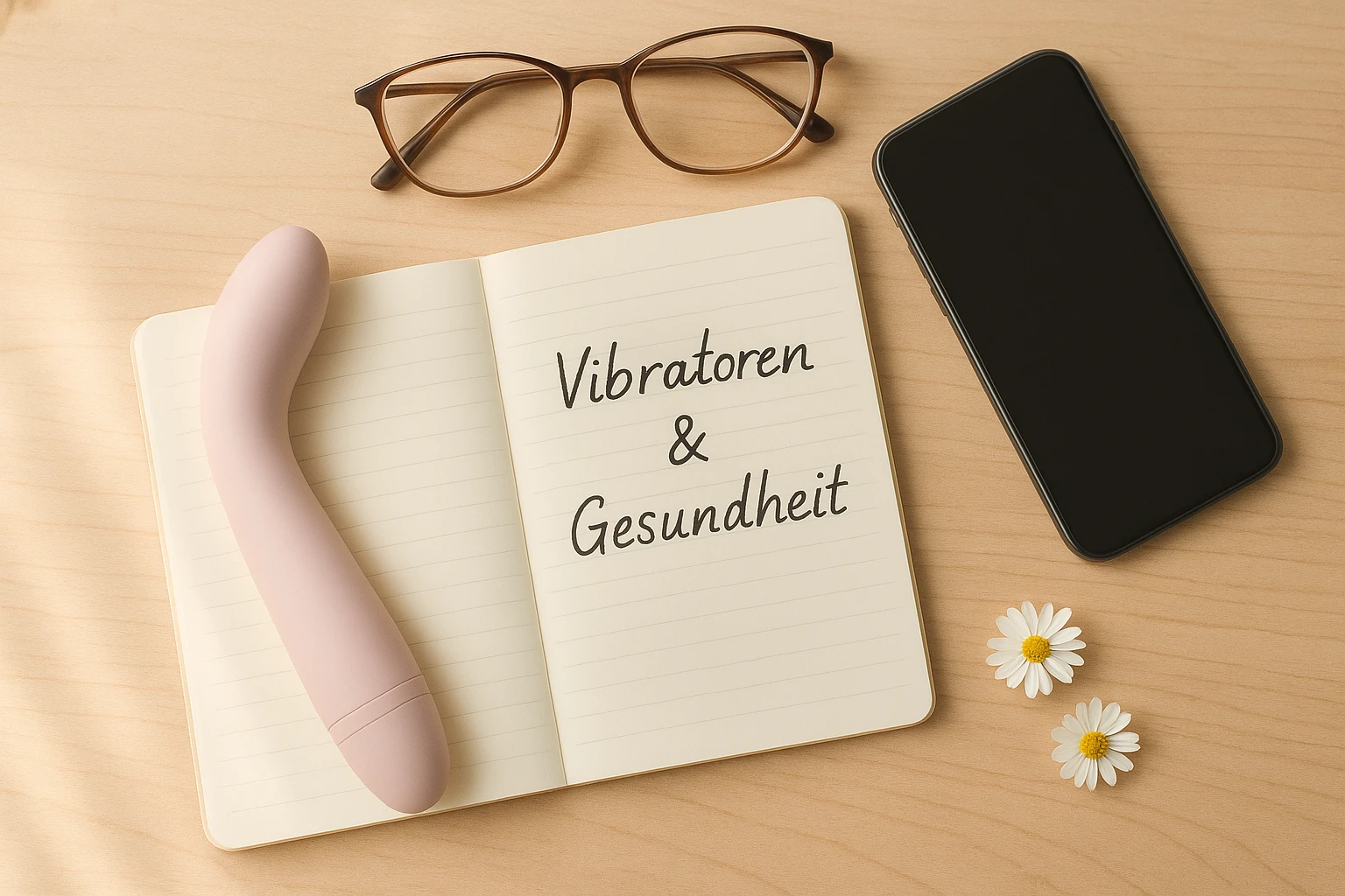 Fotorealistisches Cover-Foto f&uuml;r einen Gesundheitsartikel: Flachlage (Flatlay) auf einem hellen Holztisch mit einem modernen, dezenten Vibrator in Pastellfarbe, ge&ouml;ffnetem Notizbuch mit handschriftlicher &Uuml;berschrift &bdquo;Vibratoren &amp; Gesundheit&ldquo;, Lesebrille, Smartphone und zwei kleine Blumen (z. B. G&auml;nsebl&uuml;mchen). Warmes, nat&uuml;rliches Fensterlicht von links, weiche Schatten, geringe Tiefensch&auml;rfe, freundlicher, einladender Look, keine sexualisierte Darstellung, angemessene Farbtemperatur (warm).